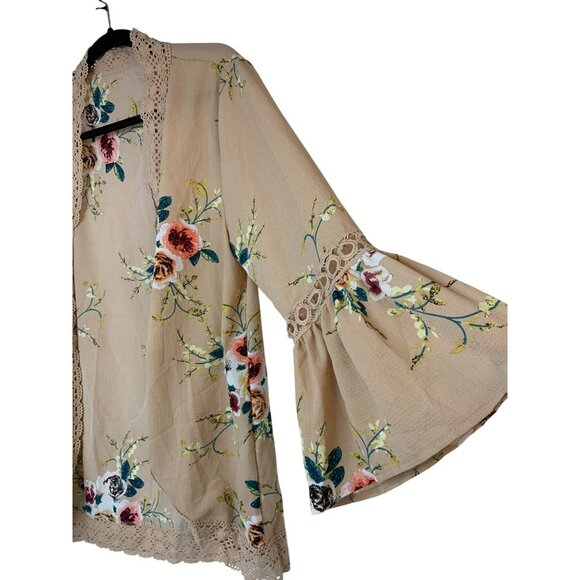 New Floral Beige Kimono Cardigan Lace Trim & 3/4 Bell Sleeves M RC10148 Open - Picture 10 of 10